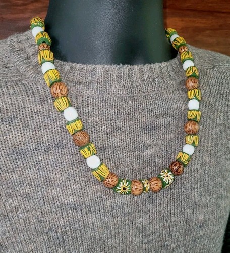 24in Tribal Necklace With Green African Krobo Beads, Palm Wood Beads - Picture 9 of 11
