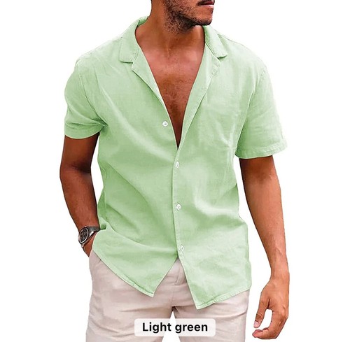 Men's Summer Linen Cotton Tops Short Sleeve Casual Button Down T Shirt - Picture 17 of 27