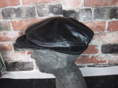 VINTAGE 1970'S BRONER BLACK LEATHER BIKER HAT SIZE LARGE MADE IN USA L@@K - Picture 4 of 5