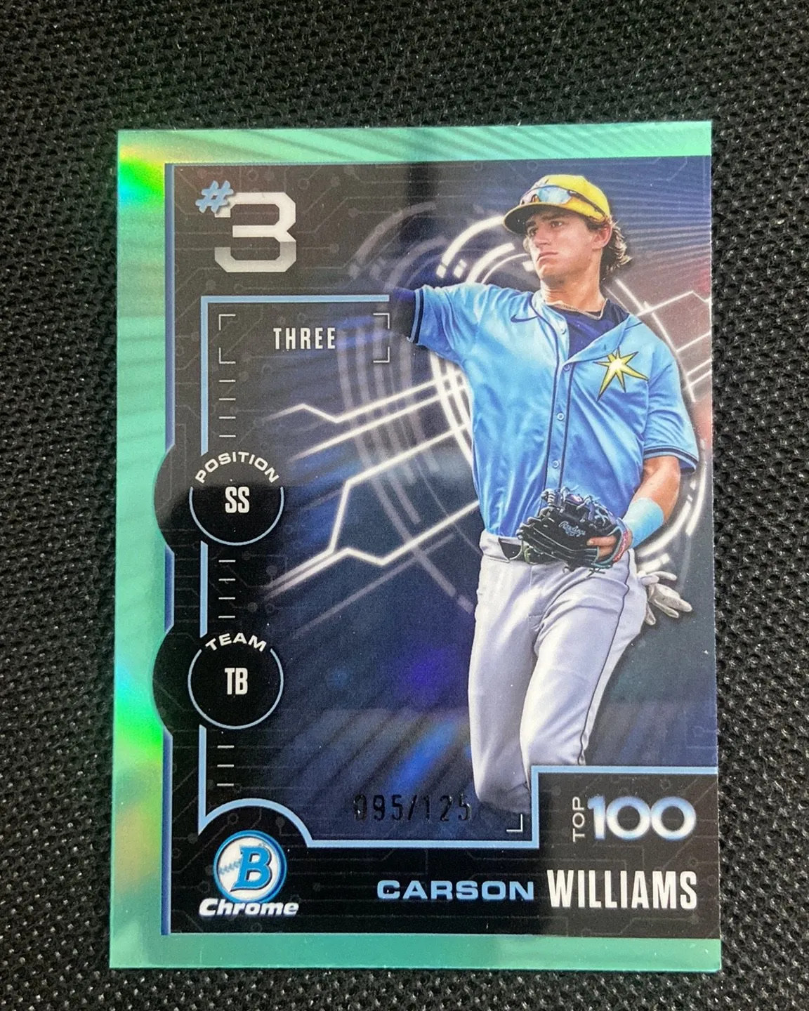2025 Topps Bowman Chrome Top 100 Aqua #BTP-3 Carson Williams 95/125 Rays hd