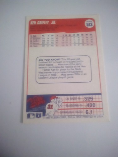 1990 Fleer - Ken Griffey Jr #513 Blue Heart 💙 On Front - Picture 8 of 9