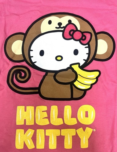 Hello Kitty Monkey Tee NWT Kids L 8/9 Pink 2015 Sanrio Fine Glitter Banana Rare - Picture 2 of 3