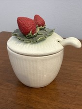 Vintage Marie Deulin Ceramiczny dżem galaretki z pokrywką / łyżką Truskawka Rozdrobnione liście