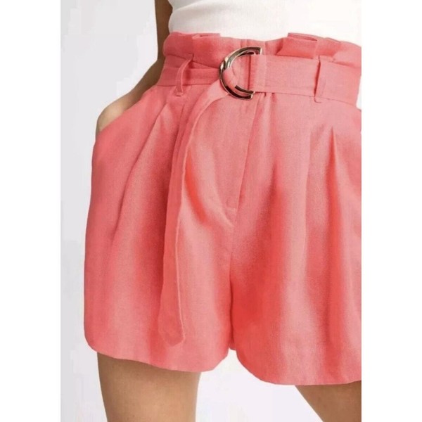 Sheike Riley Linen Shorts Sz 10 High Waisted Belt Wide Leg Coral Linen Pink Line