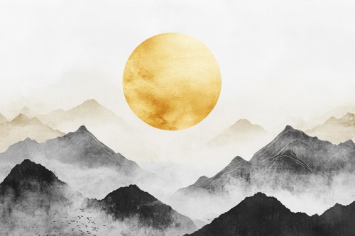 Minimalistische Berglandschaft Wandbild Gerahmte Leinwand, Gold Schwarz Beige Abstrakt - Bild 3 von 12