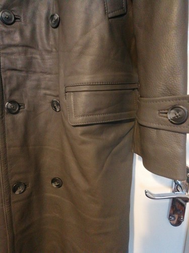 Ladies Double Breasted Grey Long Leather Trench Coat Size L - Picture 2 of 7