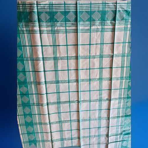 Vintage 1970er UdSSR Leinen Baumwolle Tischdecke 59”x82” grün weiß quadratisches Muster neu ohne Etikett - Bild 6 von 13