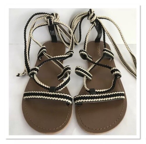 TOP SHOP Black/Beige Textile Sandals size 8 - Picture 2 of 6