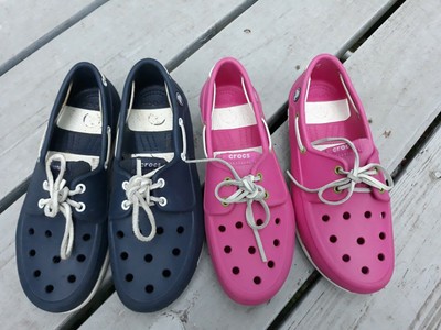 blue and pink crocs