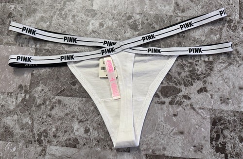 NEU MIT ETIKETT VICTORIA'S SECRET PINK MEDIUM WEISS SCHWARZ LOGO TRÄGER SELTEN TANGA HÖSCHEN - Bild 3 von 4
