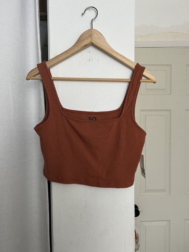 Women Cropped Tank Top Size Medium Rib Knit Square Neck Shirt - Picture 2 of 6