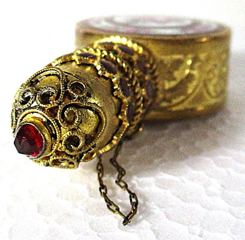 FINE EARLY CZECH PERFUME W/GARNET SETS, ENAMEL WORK, ORIG INNER BOTTLE, MINT - Picture 3 of 10