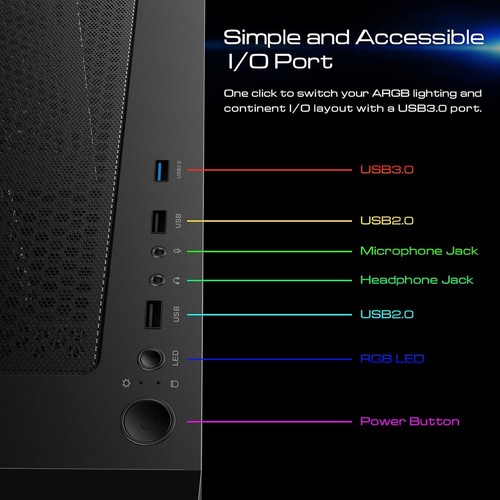 Stylish Mid Tower Gaming PC Case - Includes 3 ARGB Fans & Tempered Glass Panels - Picture 9 of 10