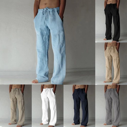 Pantalones informales de algodón y lino para hombre Pantalones con cordón Cómodos Sueltos Pantalones de pierna ancha. - Imagen 2 de 19