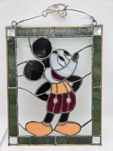Vintage Bleiglas Disney Mickey Mouse Fenster Draht Aufhänger 13"x10"
