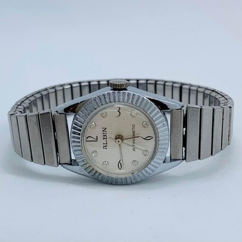 ALBIN ladies watch  23mm mechanical wind up antimagnetic Sz 6” silver tone works