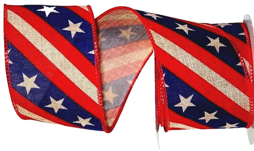 Patriotic 2.5" by 2 yd Rustic Red Tan Blue Stripes Wired Ribbon Stars Veterans - Picture 2 of 4