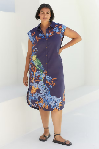 New Anthropologie The Lillian Cap-Sleeve Button-Front Midi Dress by Maeve Navy L - Picture 4 of 7