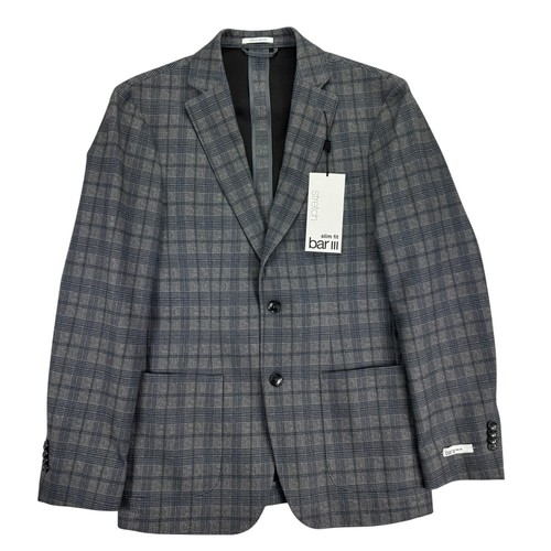 Bar III Mens Slim Fit Knit Plaid Stretch Sport Coat Gray Navy Blue 38R