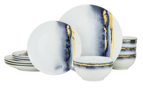 12-pc Euro Porcelain Marble Dinner Set - 24K Gold Vintage Service for 4 - Blue - Picture 1 of 4