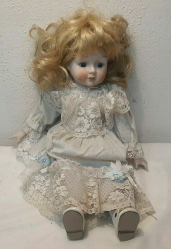 1986 BRINNS 14" Cloth & Porcelain Doll w PRETTY Dress that Needs Washed