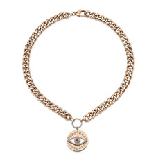 Diamond Sapphire All Seeing Eye Chain Link Disc Necklace 14k Rose Gold Natural