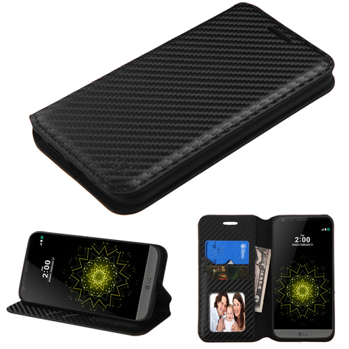 Black Carbon Fiber Print Folio Flip Case w/Stand Faux Leather Cover for LG G5 - Picture 1 of 4