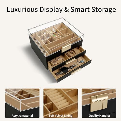 Jewelry Organizers Box for Women - 3 Layer Jewelry Display Case with Black - Afbeelding 7 van 7