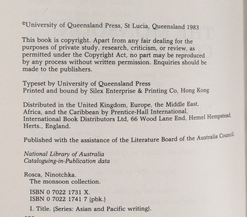 The Monsoon Collection Asian & Pacific Writing Used Ex-Lib Hardcover Rosca 1983 - Picture 13 of 22