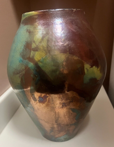 Vintage RAKU Copper Glazed Studio Art Pottery Vase 10” Signed FOX MCM - Picture 5 of 13