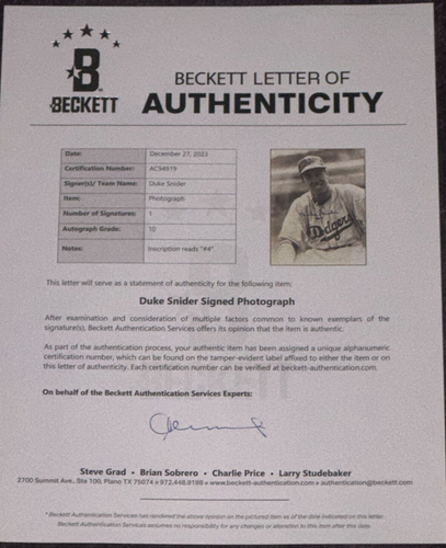 DUKE SNIDER Signed DODGERS 11x14 PHOTO w/ Beckett (BAS) LOA AUTO 10 w/ #4 Inscr - Picture 5 of 5