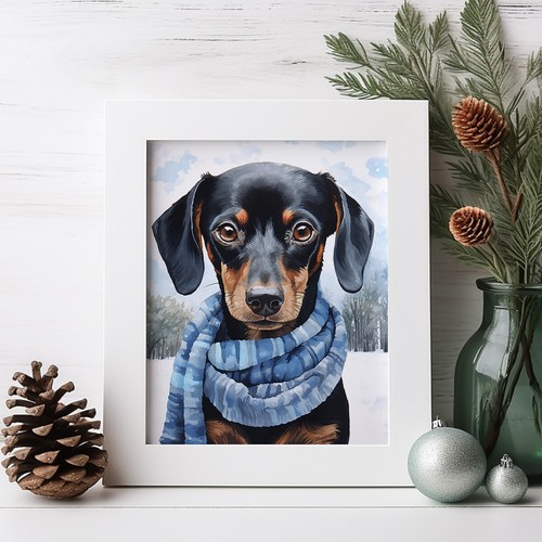 Dachshund en una bufanda de invierno estampado, pintura en acuarela, retrato de mascota - Imagen 6 de 10