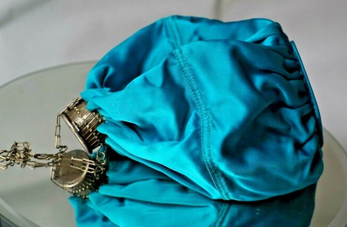 Vintage Satin Evening Bag Blue With Expandable /retractable Opening Medieval - Picture 3 of 11