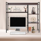 2-Tier Desk Organizer Rack, Multipurpose Black Desktop Bookshelf with 4 Hooks