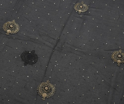 Sushila Vintage schwarzer Sari reine Chiffon Seide Blumen Pailletten Arbeit Sari Stoff - Bild 5 von 10