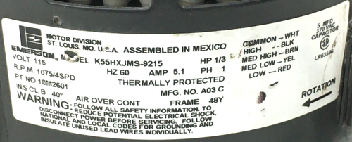 EMERSON K55HXJMS-9215 BLW Motor 1/3HP 1075RPM 4SPD 115V 1PH 60Hz used #ME181A - Picture 3 of 4