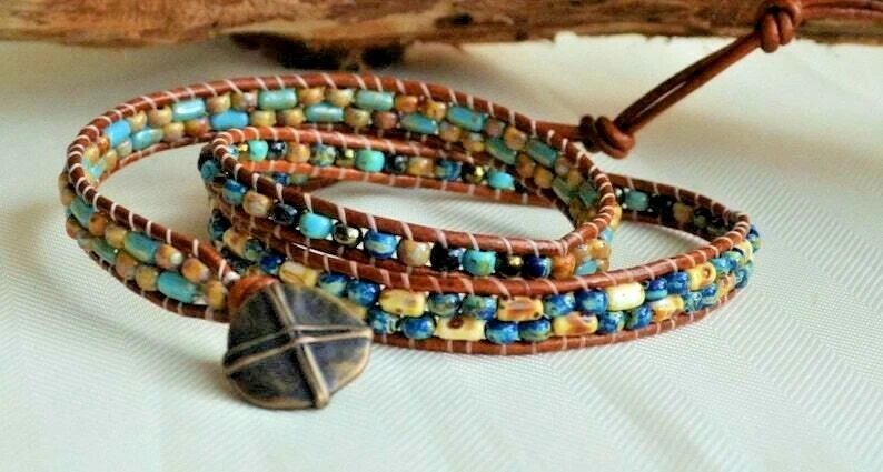 Beaded leather shop wrap bracelet