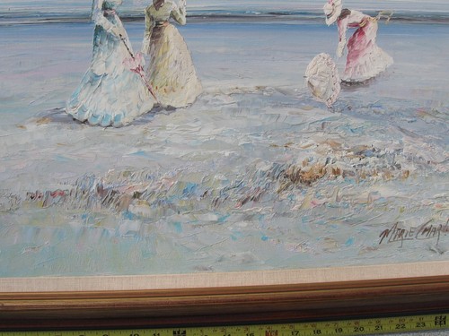 Pintura al óleo firmada por Marie Charlot, damas en la playa, SIN MARCO INCLUIDO - Imagen 12 de 13