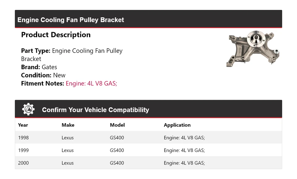 Para Lexus GS400 1998-2000 4L V8 Motor Gas Ventilador Polea Soporte Puertas 1999 Foto 2 de 4