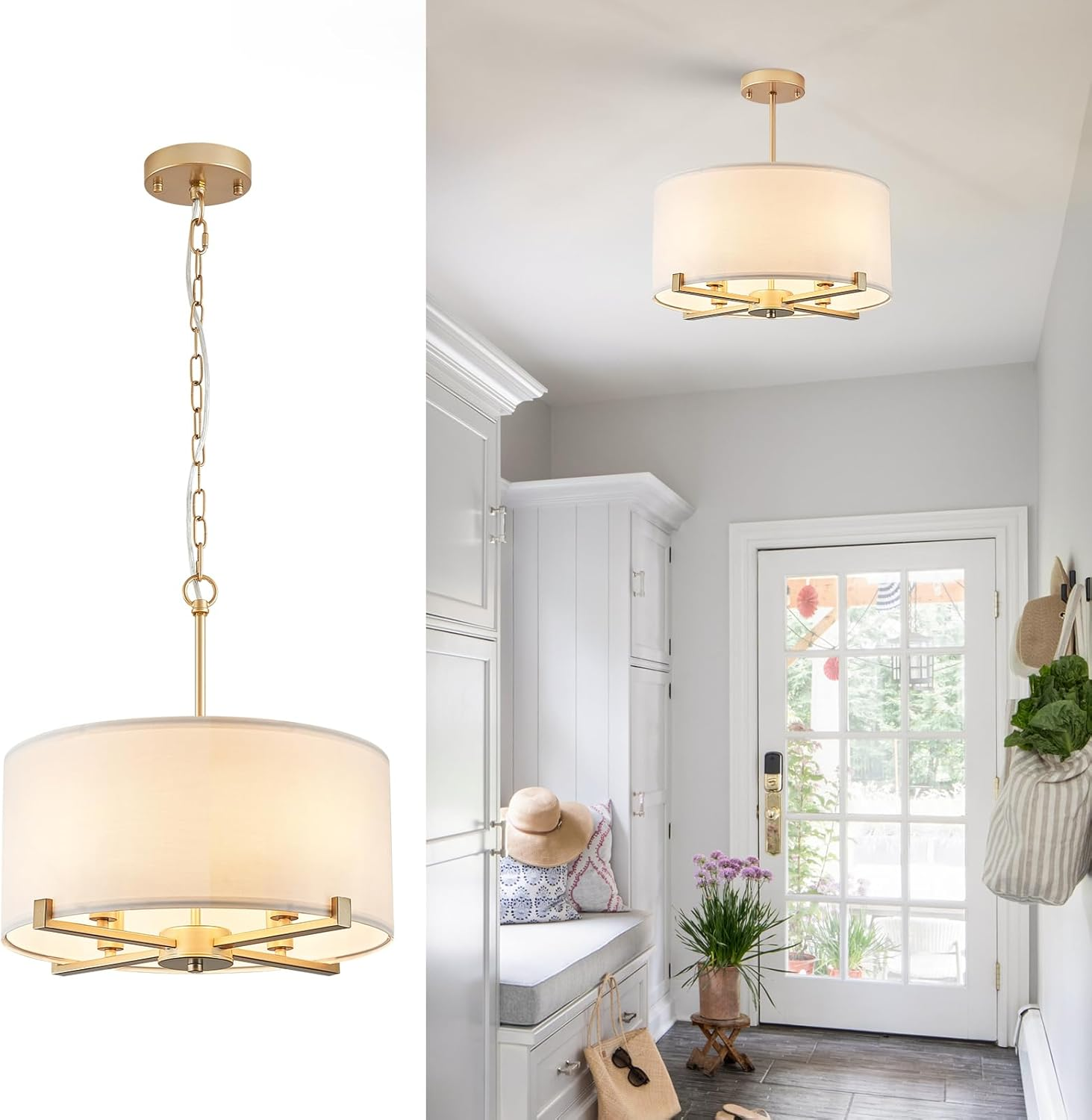Modern Drum Chandelier 18” White and Gold Pendant Light Fixture round Fabric Sha