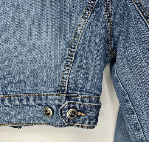 Girls Small Cropped Jean Jacket Long Sleeve Button Up Blue Denim 90s Y2K Classic - Picture 5 of 9