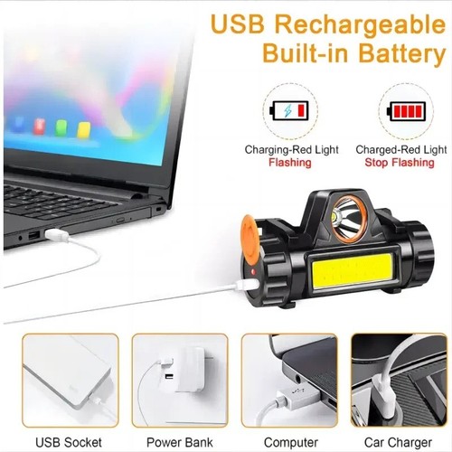 Linterna de cabeza impermeable, XPE + COB, recargable USB, viajes, rutas - Imagen 4 de 8