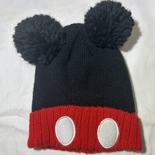 Disney Baby Mickey Mouse Knit Hat Red/black Doble Pom Beanie Infant One Size