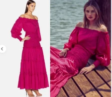 NWOT Alexis Thalssa Off The Shoulder Shirred Maxi Dress Sz M Fuchsia Dot #1H451