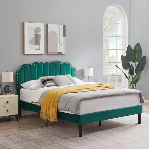 Queen Upholstered Platform Bed Frame with Tufted Adjustable Headboard/Mattress F - Picture 6 of 9