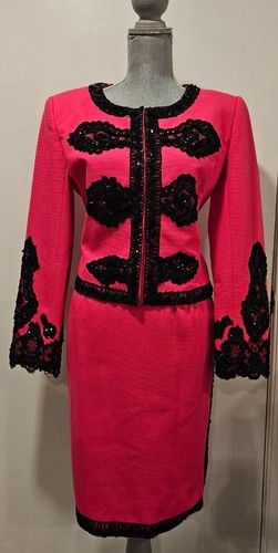 Victor Costa Size 8 Hot Pink Skirt Suit Sequin Cross Beaded Vintage 70s 80s - Picture 4 of 21