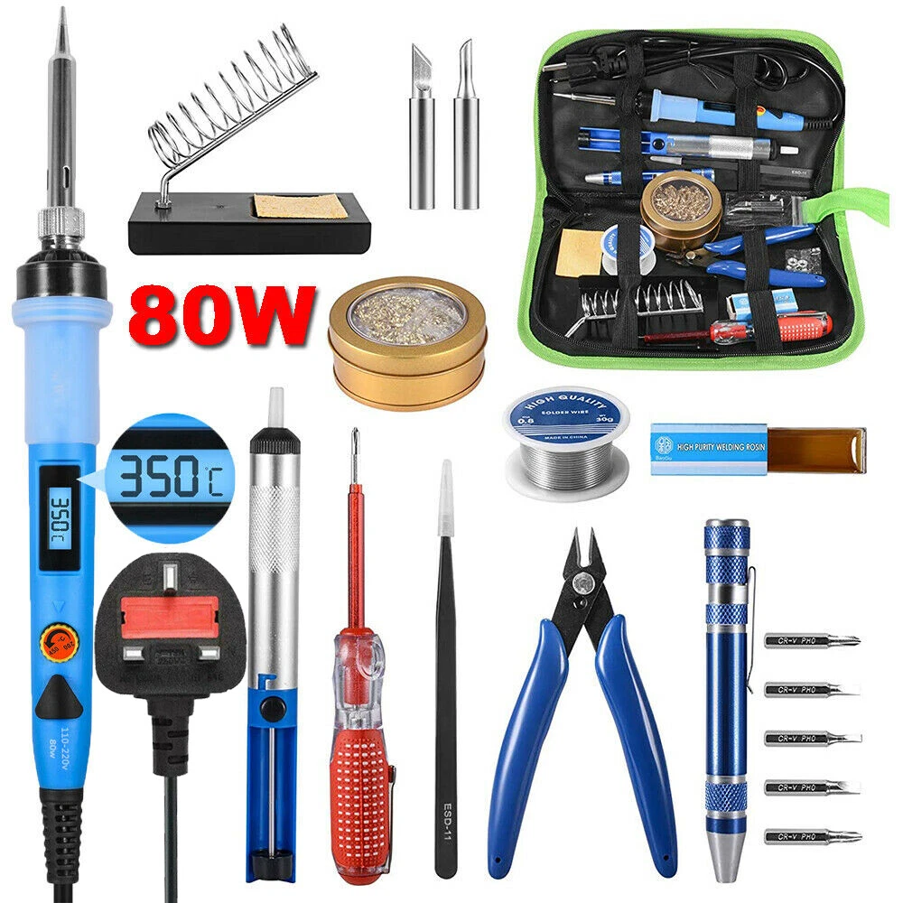 Soldering Iron Kit 80W LCD Welding Tool Station Tip Cleaner Sucker Wire Tweezers