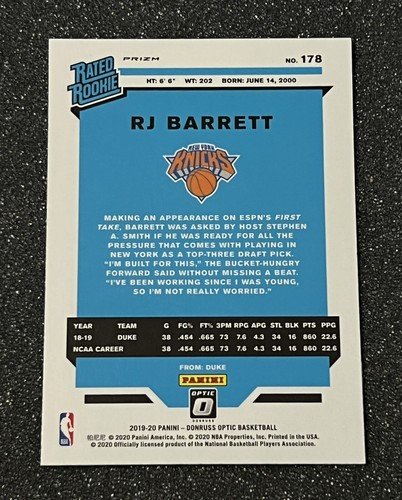 2019 2020 Donruss Optic RJ Barrett Rated Rookie Silver Holo Prizm NY Knicks RC - Picture 2 of 2