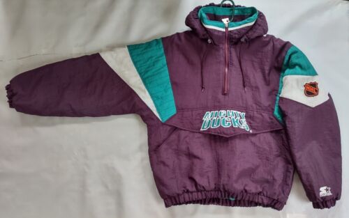 VINTAGE STARTER ANAHEIM MIGHTY DUCKS 1/2 ZIPP HOODED PULLOVER WINTER JACKET SZ M - Picture 2 of 12