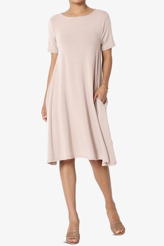 TheMogan Short Sleeve Boat Neck Knee Length Pocket A-Line Swing T-Shirt Dress - Picture 63 of 157